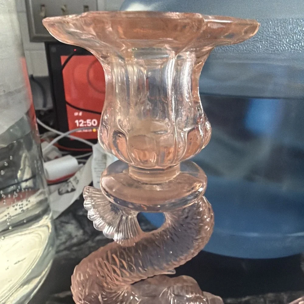 Vintage Pair Pink Glass‎ Candlesticks Koi Fish Design Collectible Rare